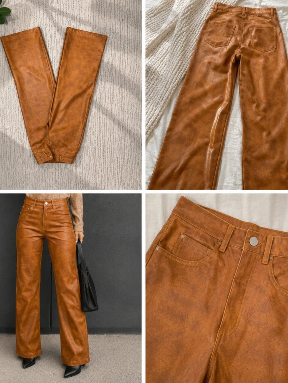 Anwesta PU Aged Cognac leather wide leg pants